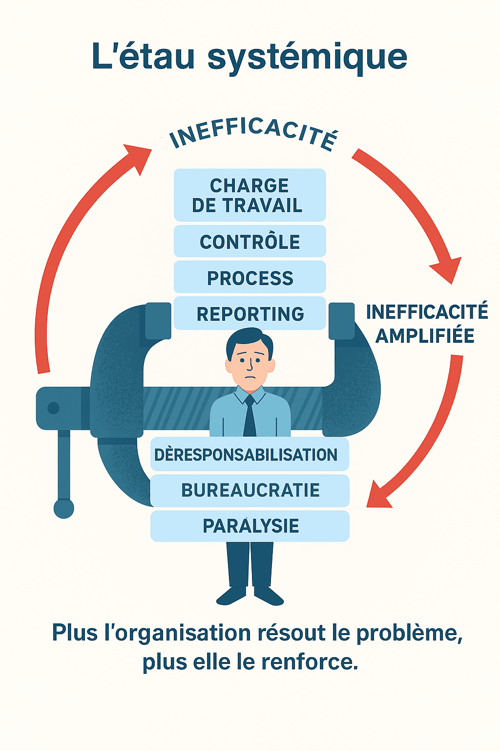 Infographie montrant un employé compressé entre deux mâchoires d’étau symbolisant la charge de travail, le contrôle, les process et la bureaucratie, illustrant une boucle systémique d’inefficacité organisationnelle